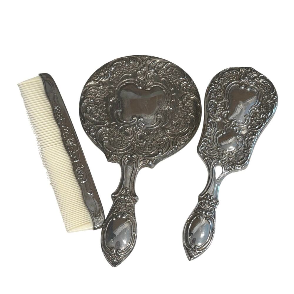 Vintage ornate silver plated vanity set mirror brush and comb